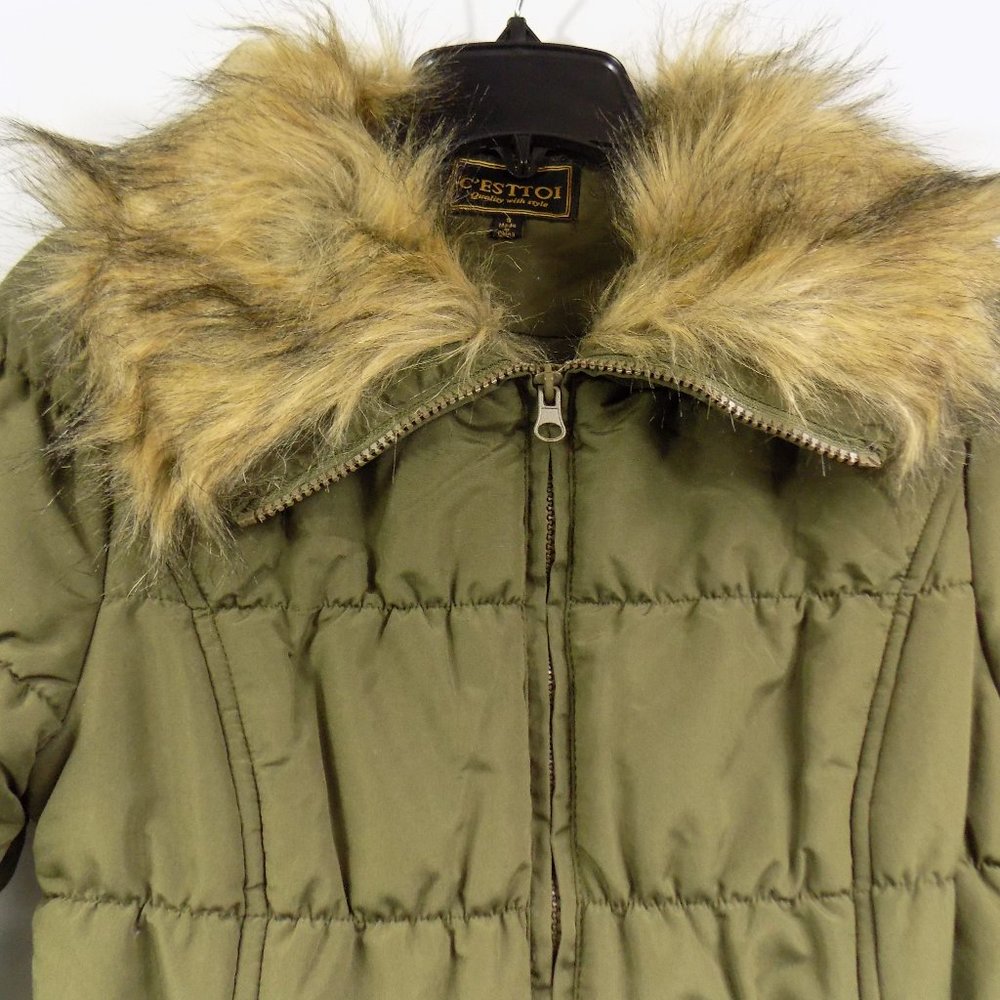 C'Esttoi Chico Belted Puffer Coat Fur Collar Olive Green NEW WITHOUT TAGS - Picture 5 of 10